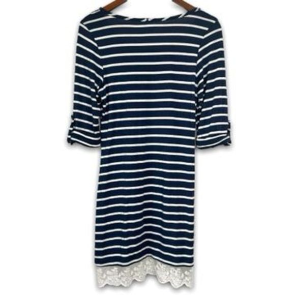 Loila Navy Blue White Striped Roll Tab Sleeve Crew Neck Lace Hem Dress M - Picture 2 of 12